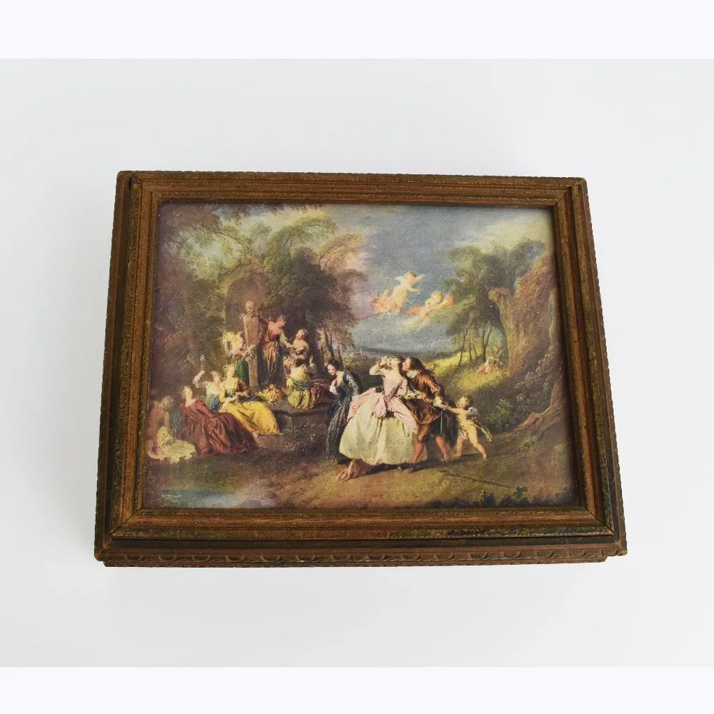 Rare antique wooden box with decorative lid, collectible painting storage box